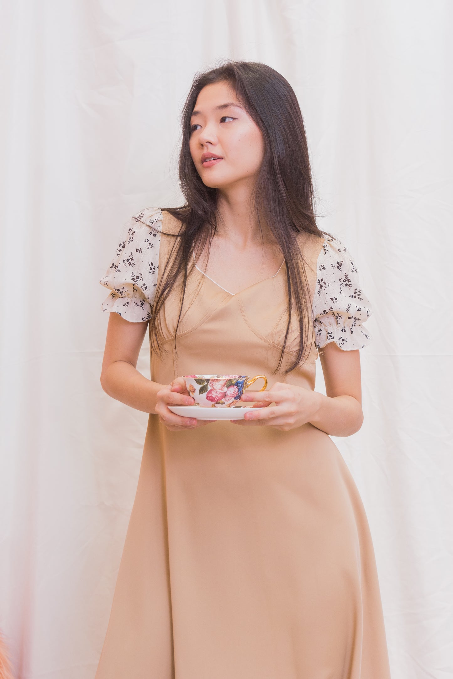 JANICE Plain / Floral Puff Sleeve Dress