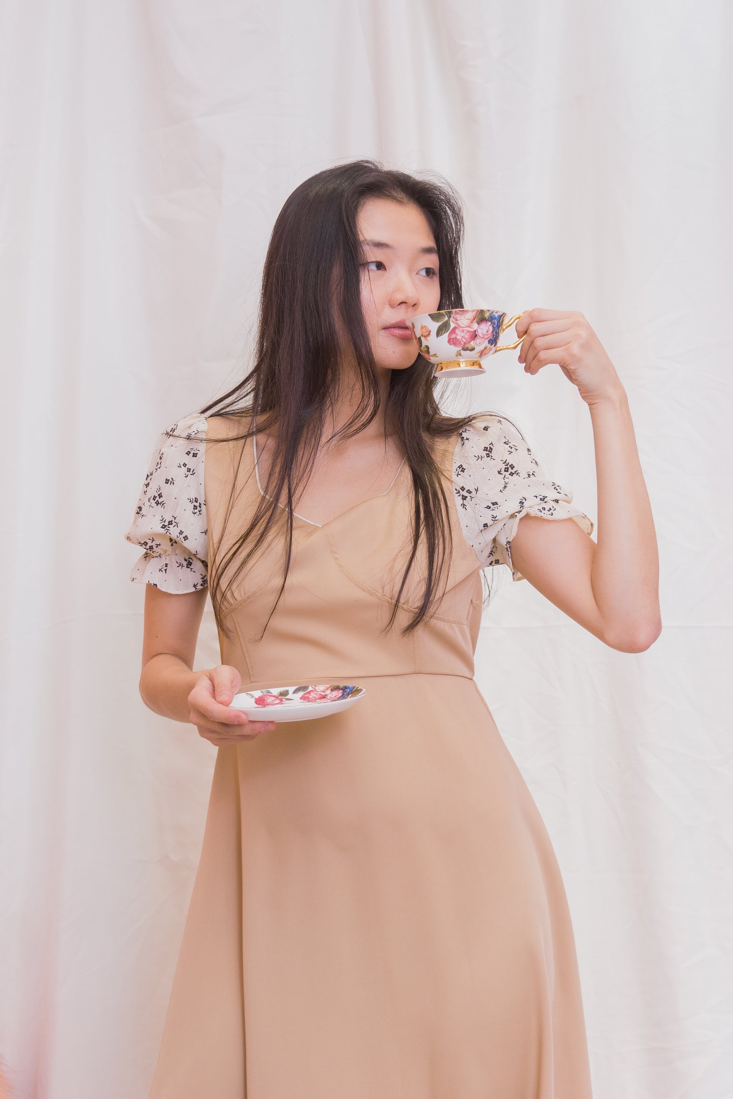 JANICE Plain / Floral Puff Sleeve Dress
