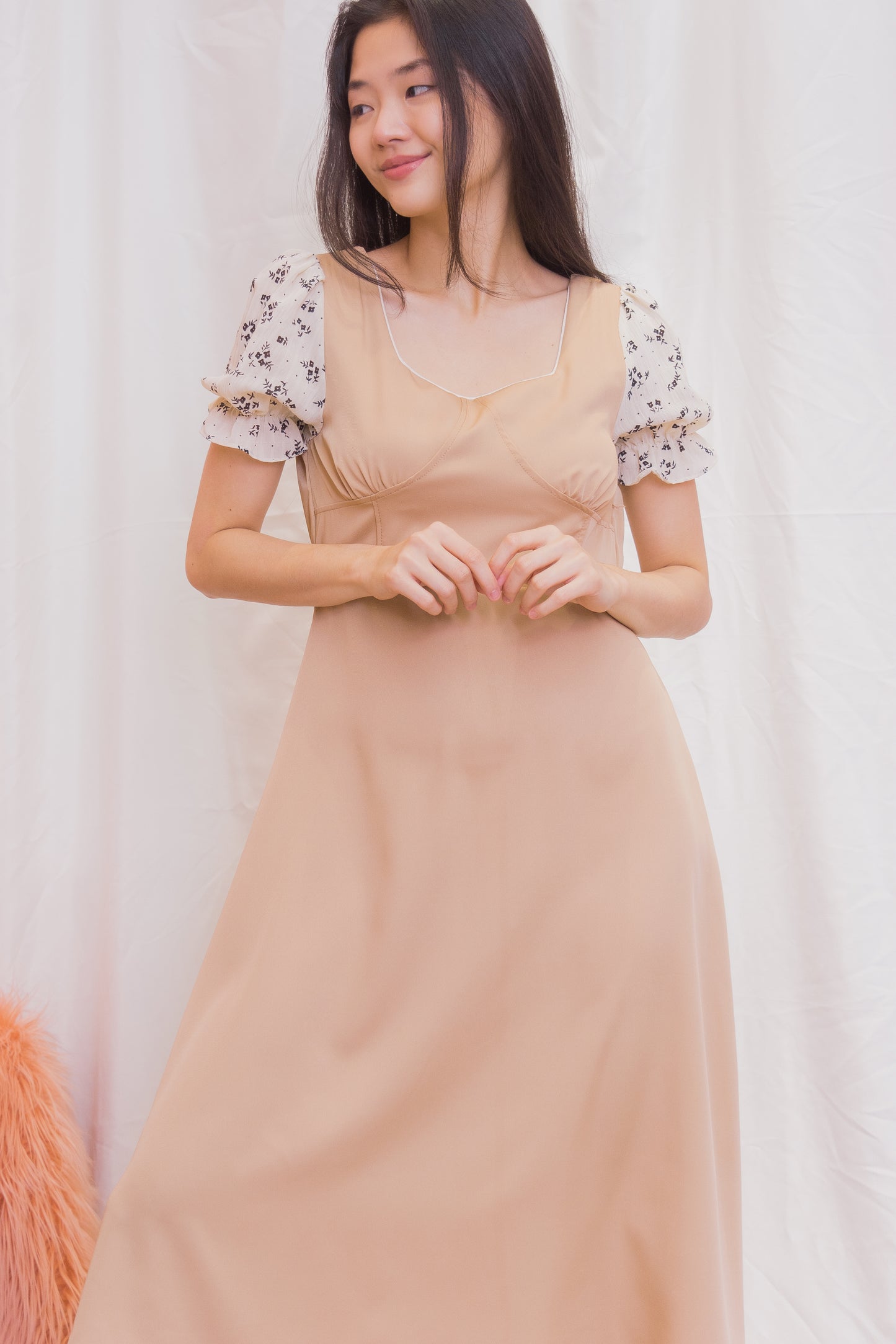 JANICE Plain / Floral Puff Sleeve Dress