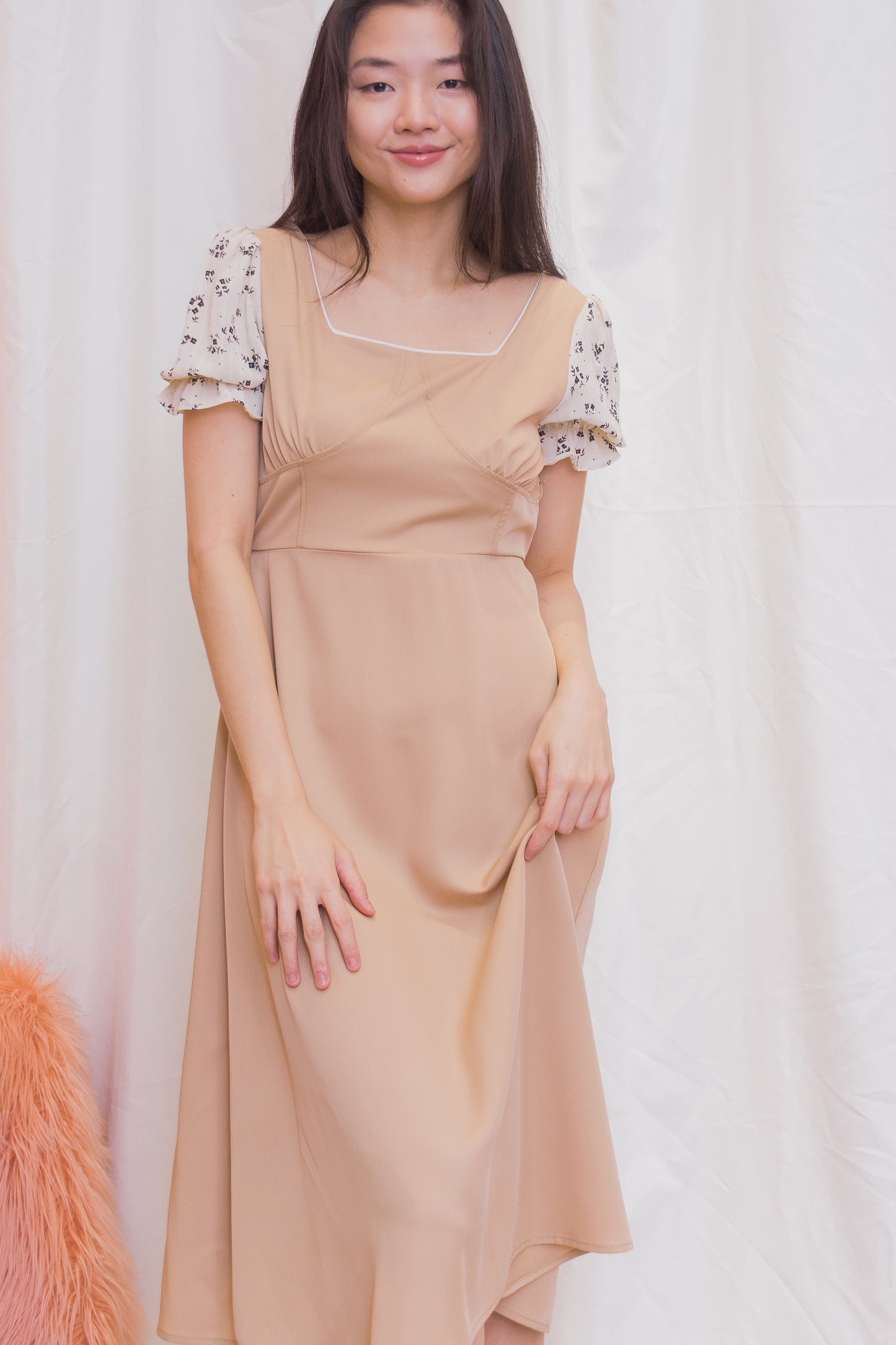 JANICE Plain / Floral Puff Sleeve Dress