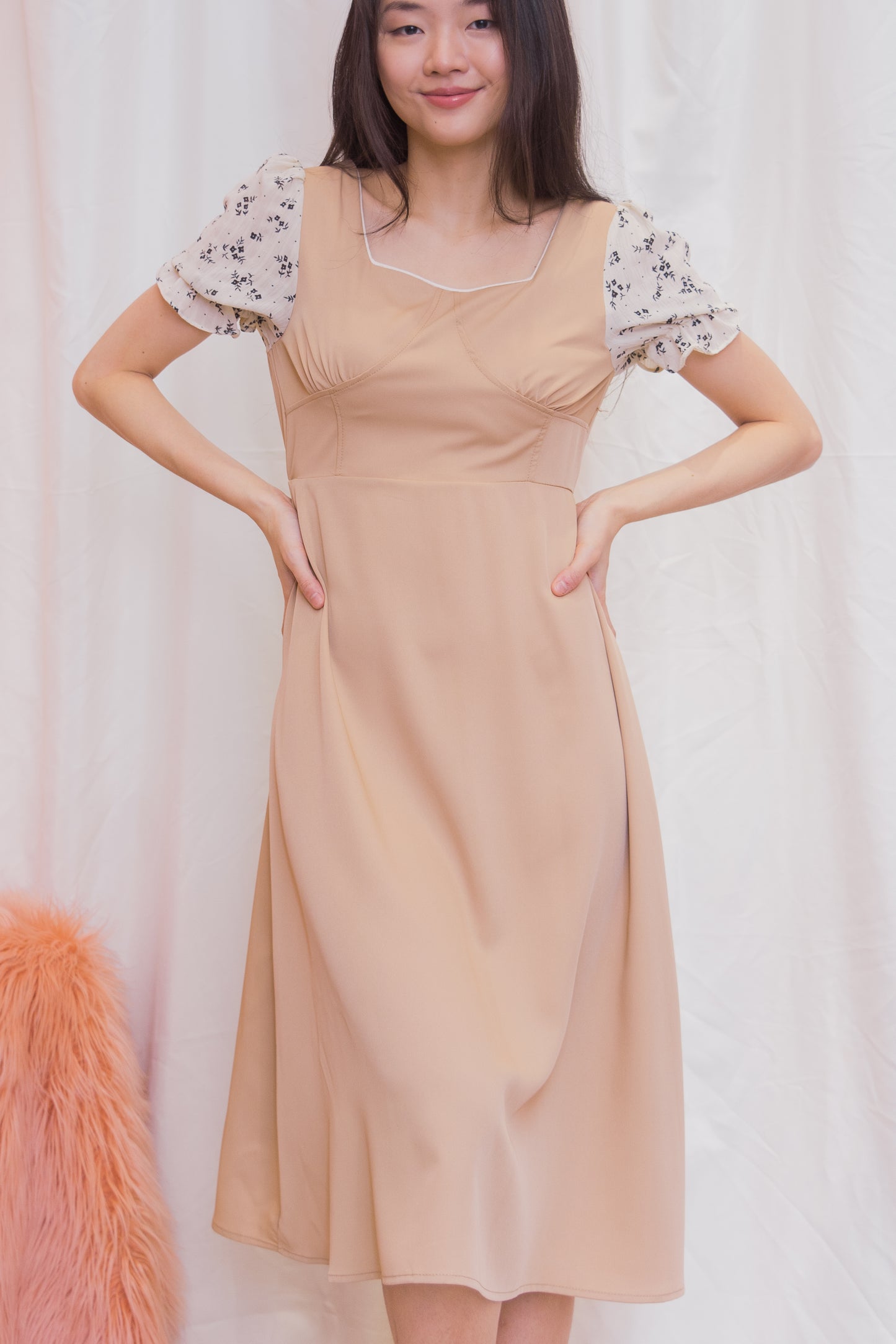 JANICE Plain / Floral Puff Sleeve Dress