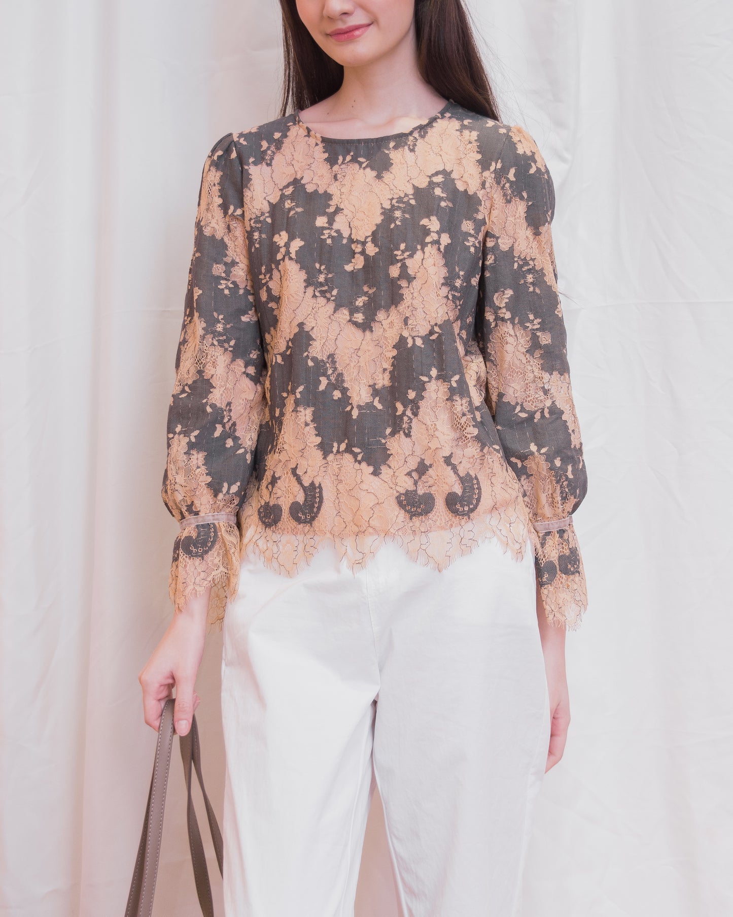 ADRIENNE Round Neck Lace Long Sleeve Top