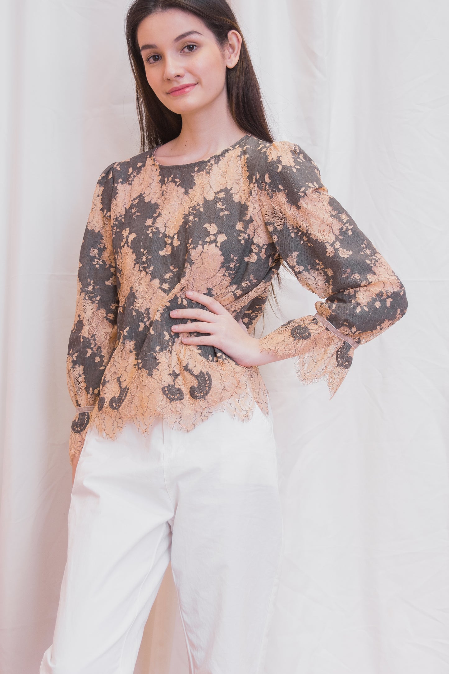 ADRIENNE Round Neck Lace Long Sleeve Top