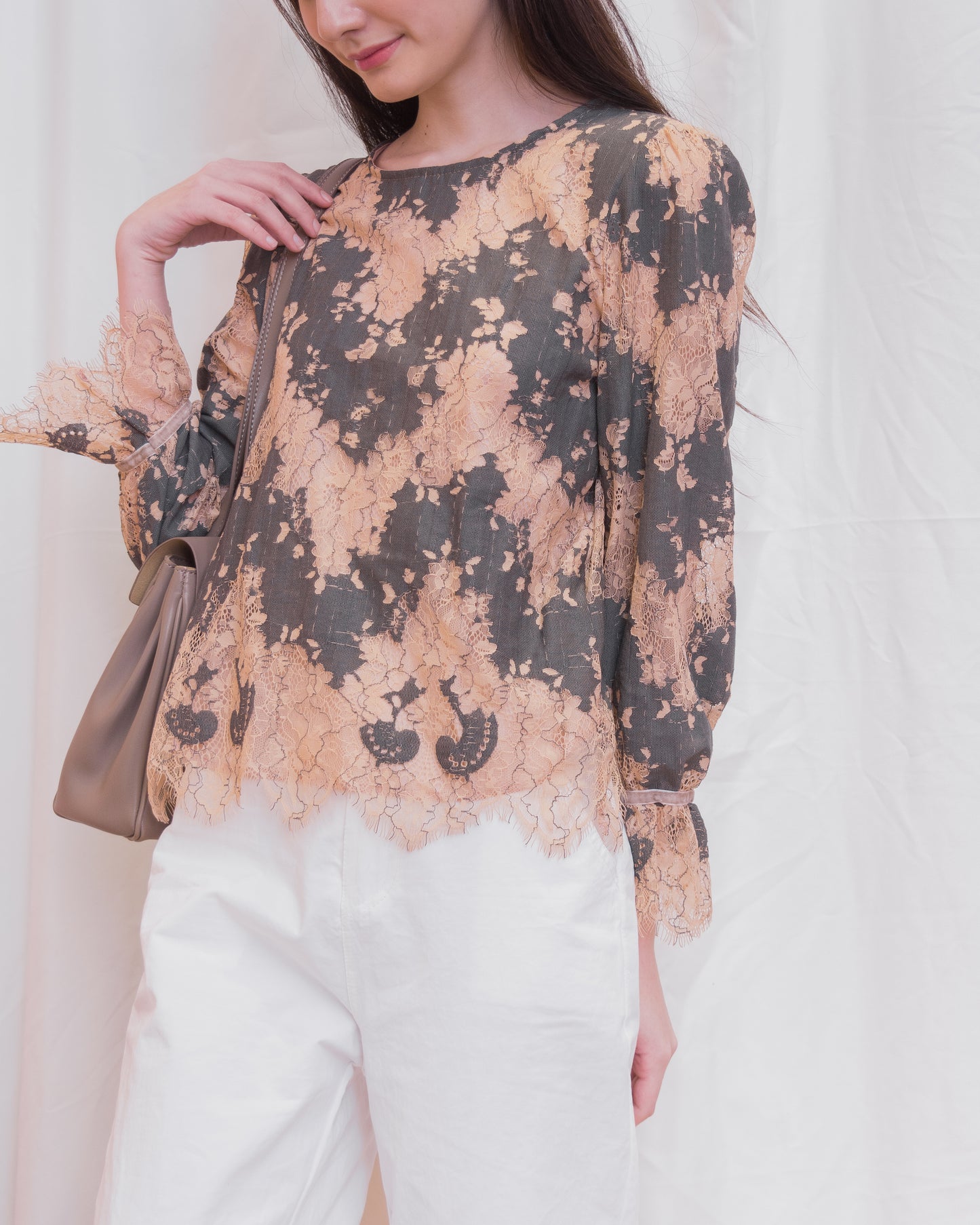 ADRIENNE Round Neck Lace Long Sleeve Top