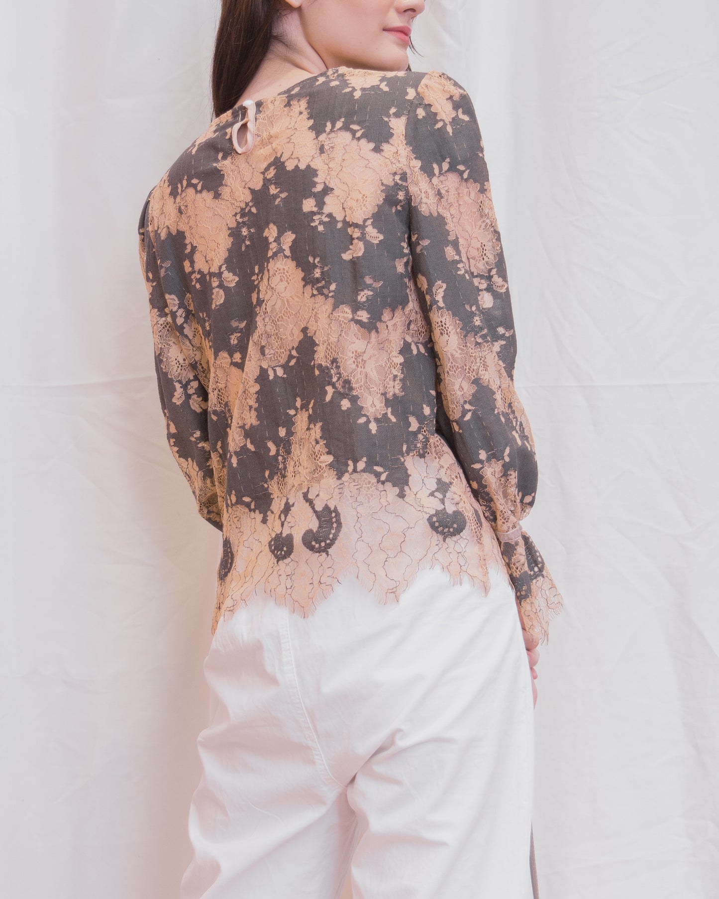 ADRIENNE Round Neck Lace Long Sleeve Top