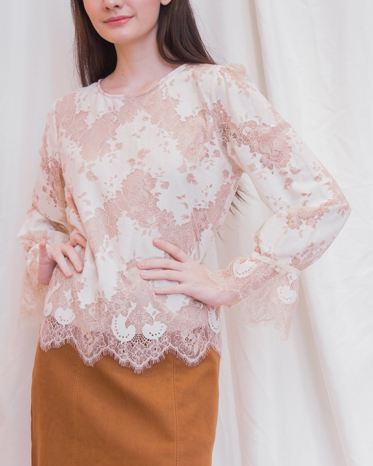 ADRIENNE Round Neck Lace Long Sleeve Top