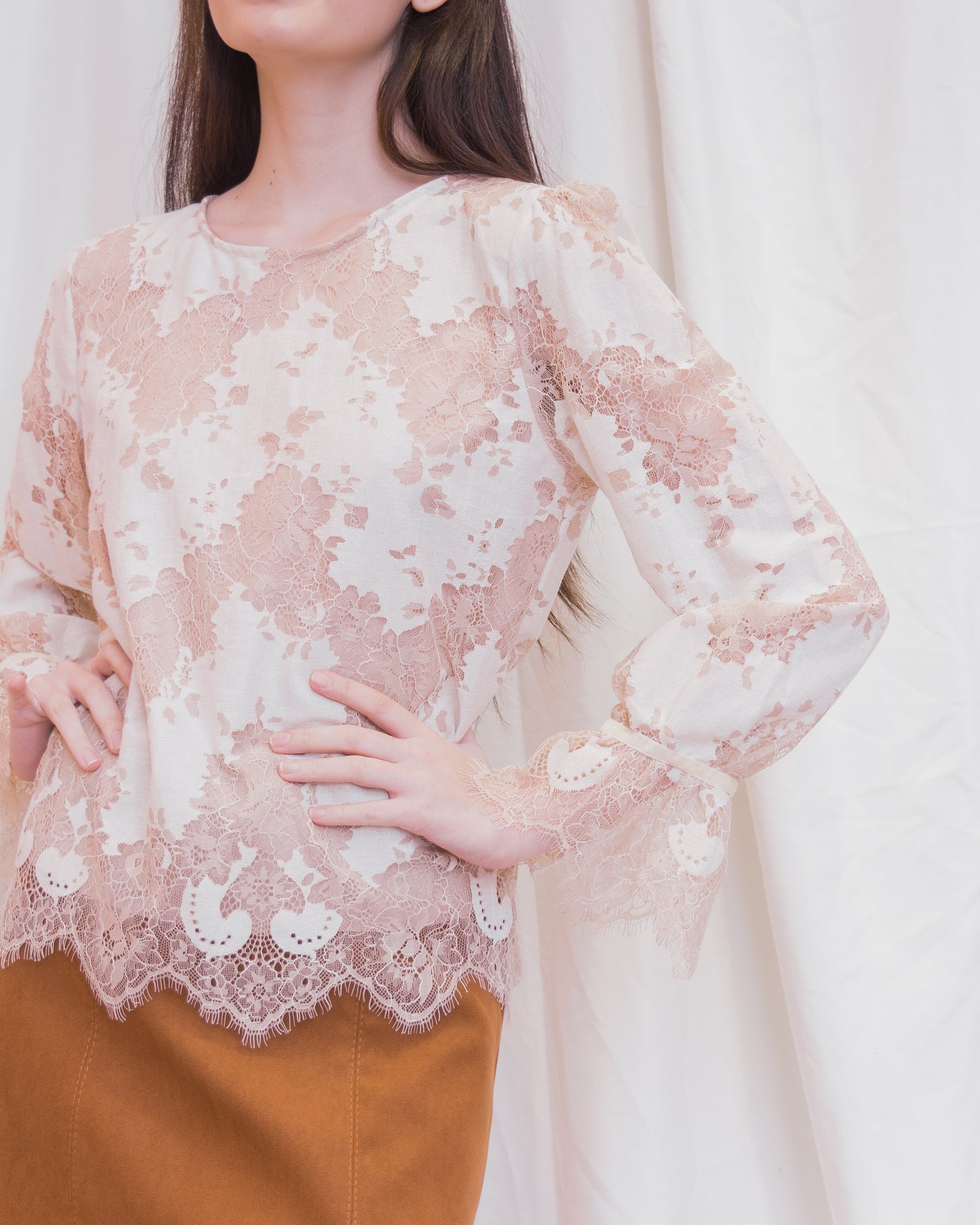 ADRIENNE Round Neck Lace Long Sleeve Top