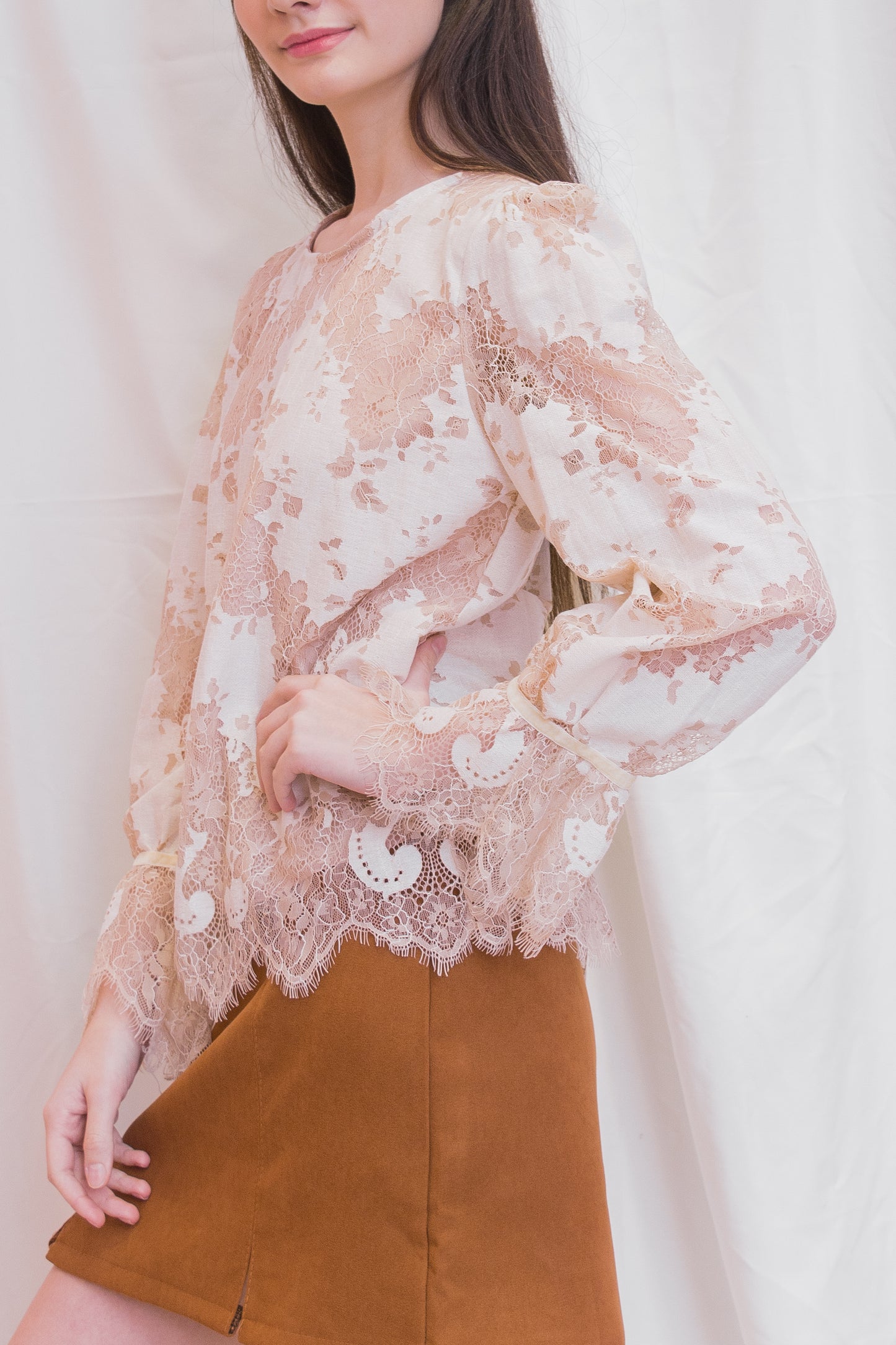 ADRIENNE Round Neck Lace Long Sleeve Top