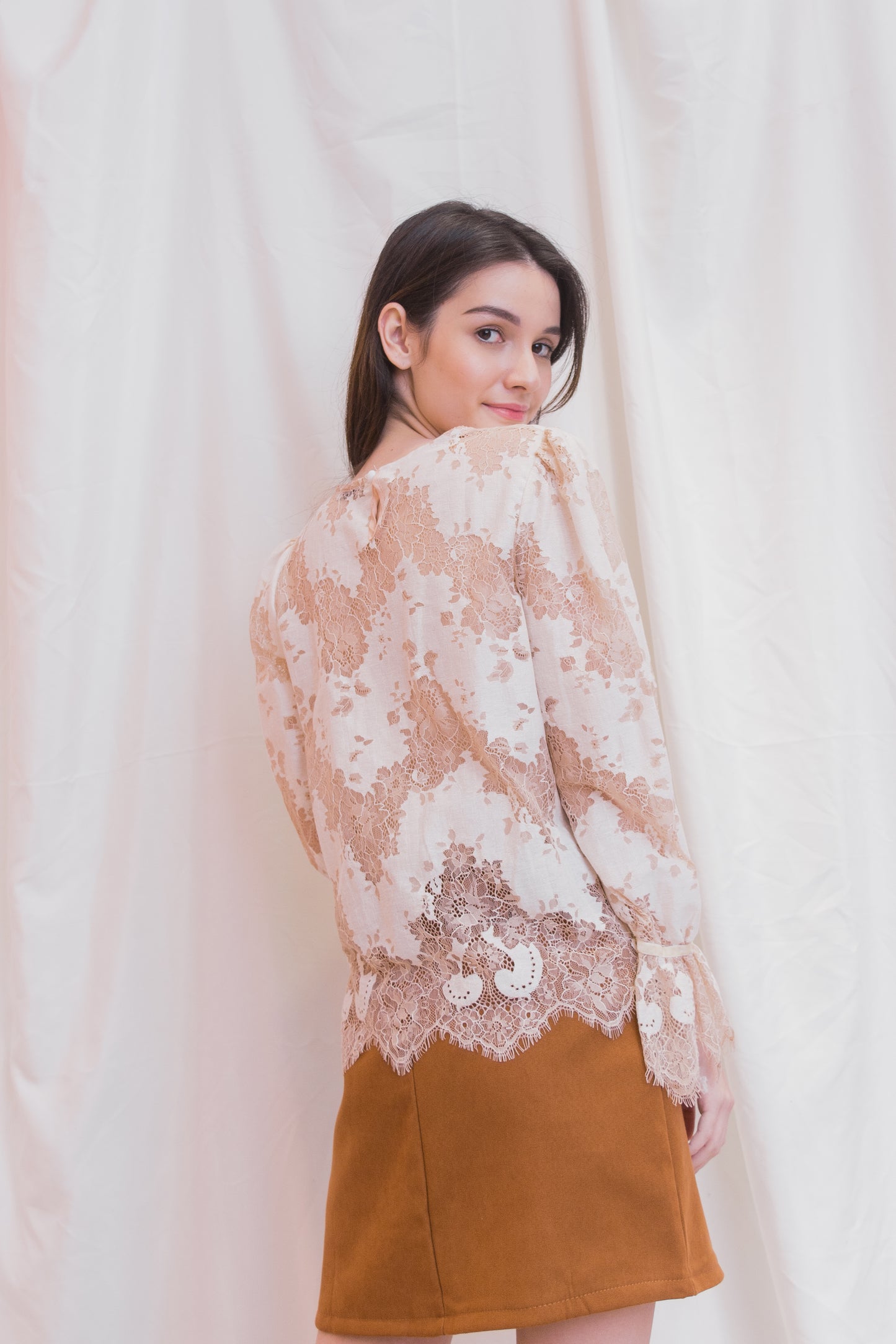 ADRIENNE Round Neck Lace Long Sleeve Top