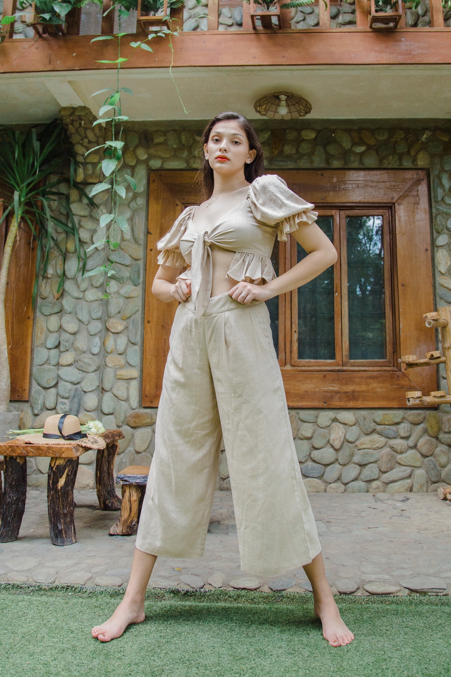 TBDA: Margaux Coordinates: Knot Front Tie Top & Culotte Pants - Beige Linen