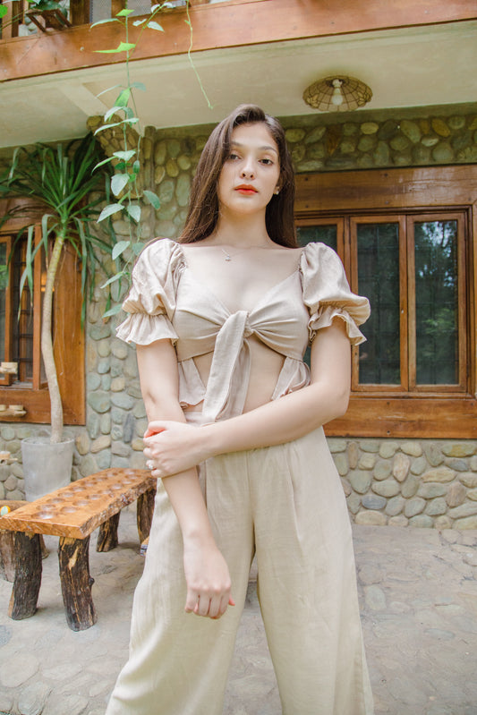 TBDA: Margaux Coordinates: Knot Front Tie Top & Culotte Pants - Beige Linen