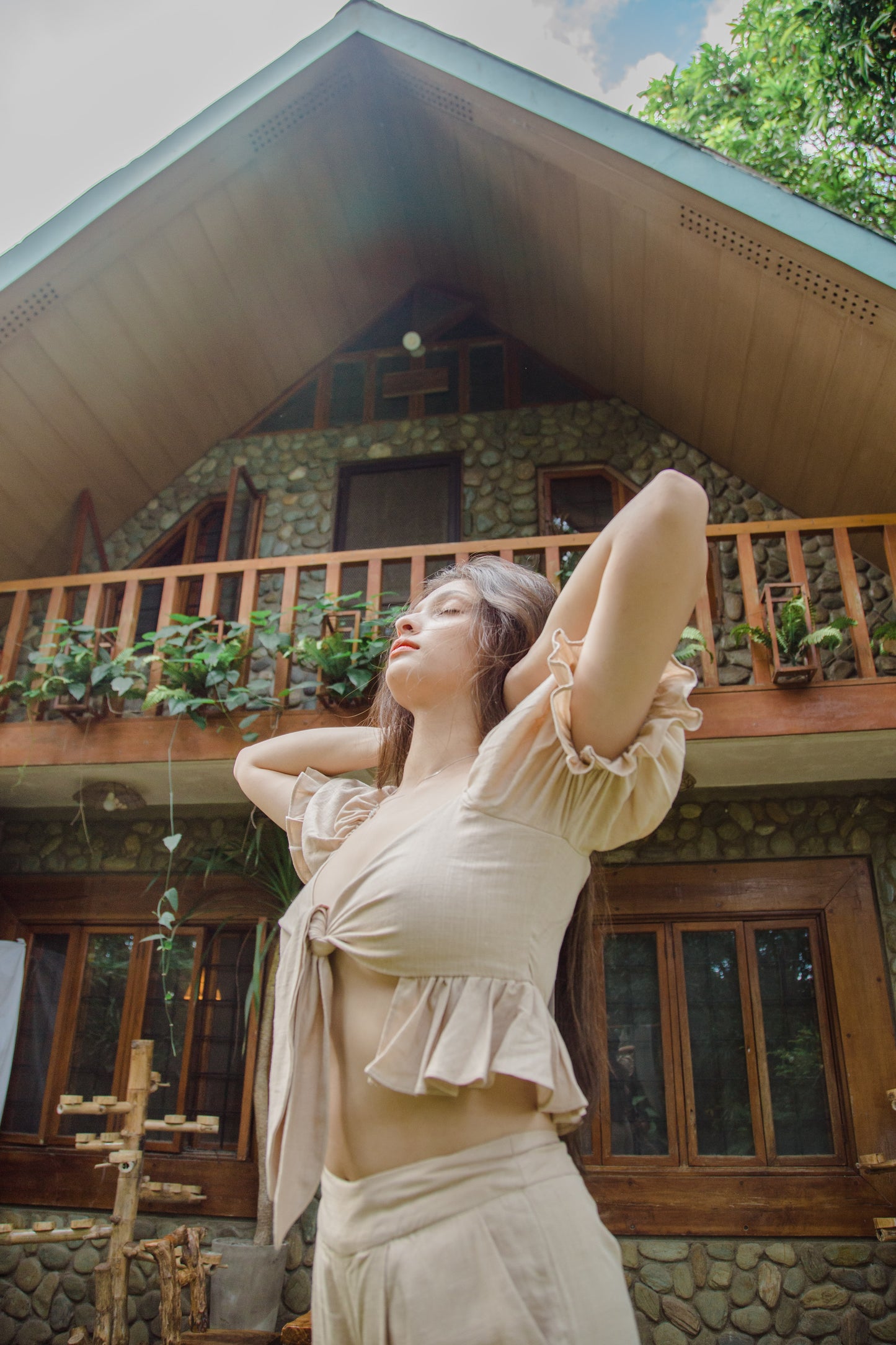 TBDA: Margaux Coordinates: Knot Front Tie Top & Culotte Pants - Beige Linen