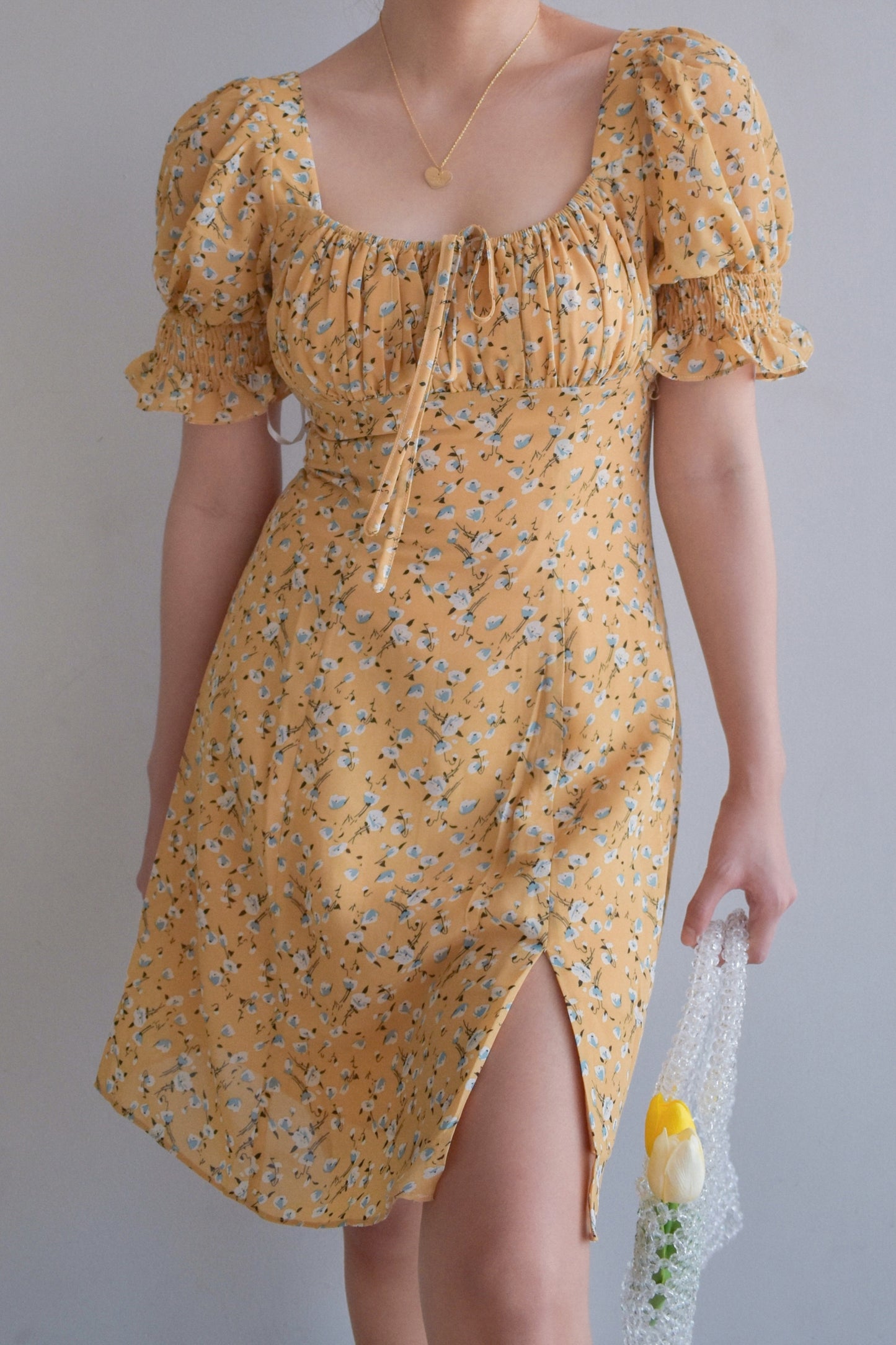 TBDA: Amaryllis Ruched Bust Puff Sleeve Dress - Floral Yellow