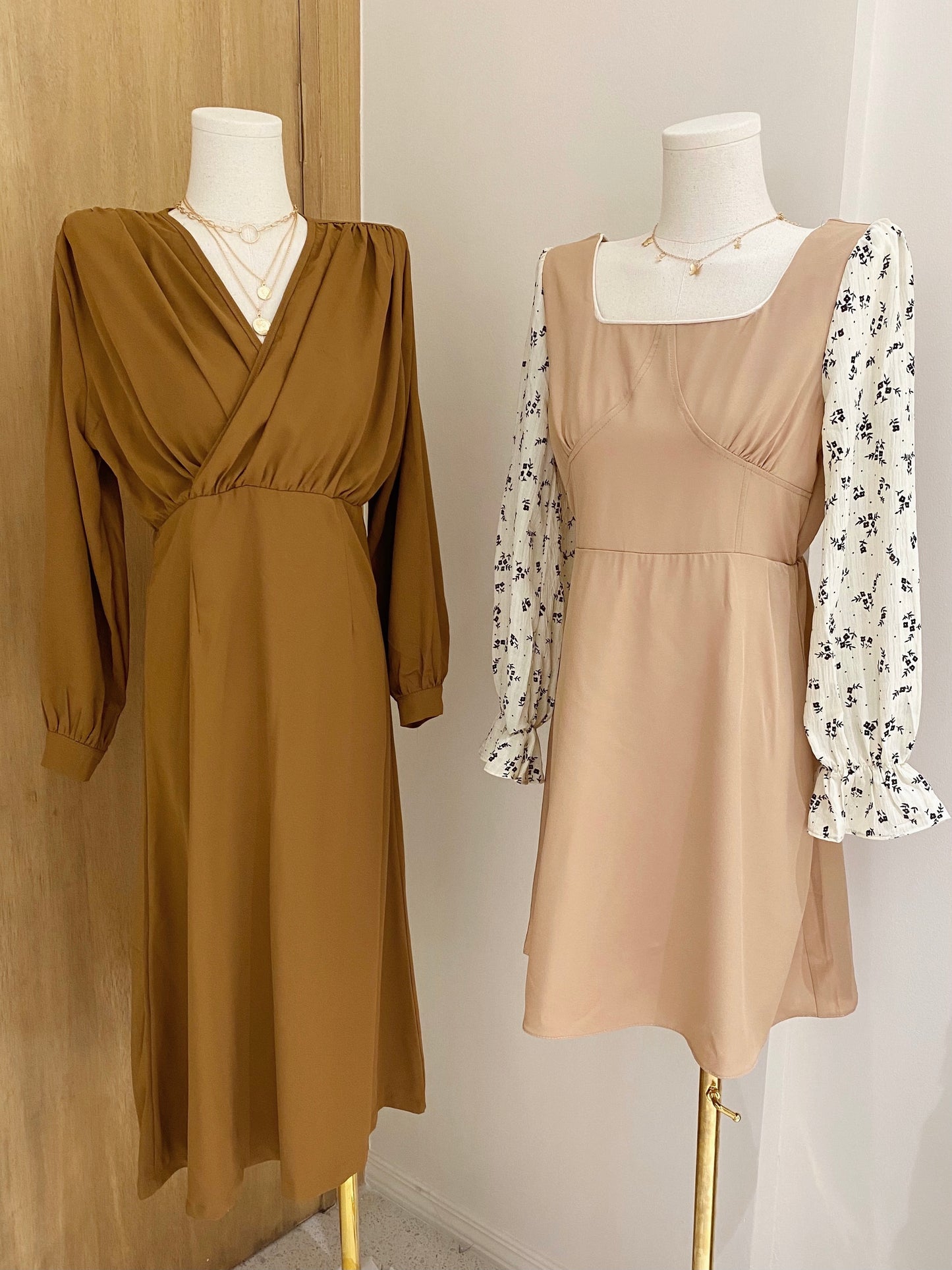 JANICE Plain / Floral Puff Sleeve Dress