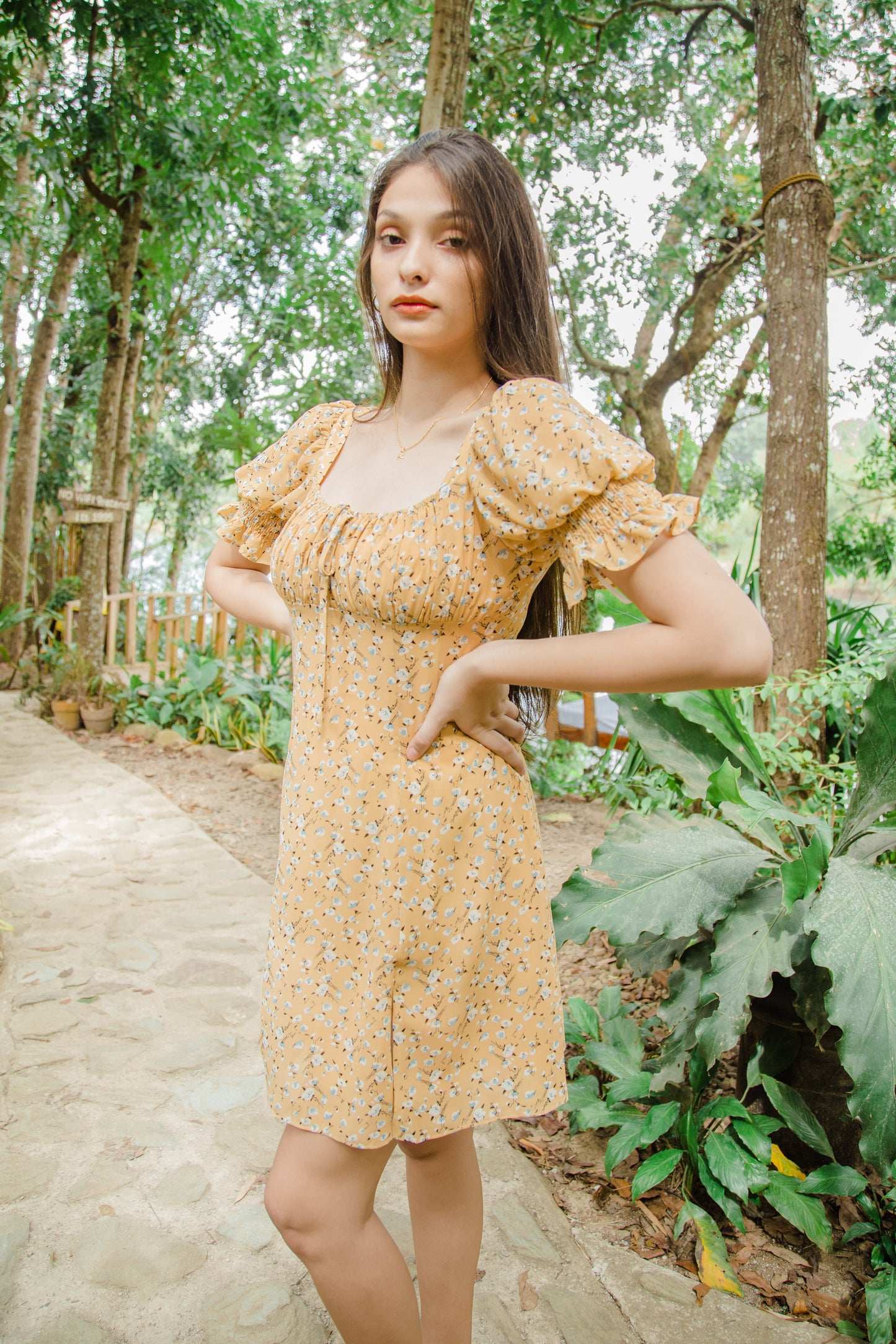 TBDA: Amaryllis Ruched Bust Puff Sleeve Dress - Floral Yellow