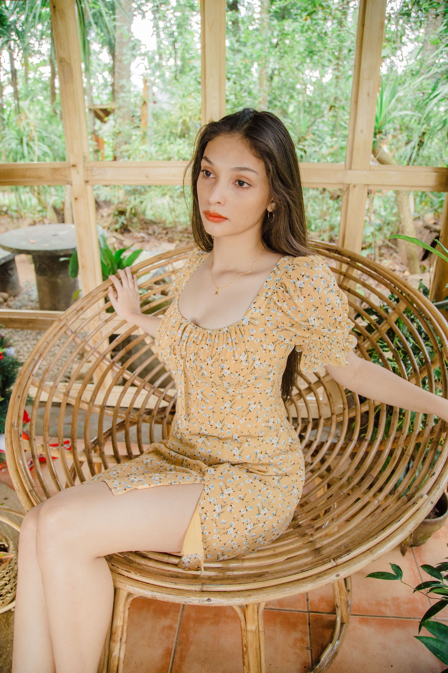 TBDA: Amaryllis Ruched Bust Puff Sleeve Dress - Floral Yellow