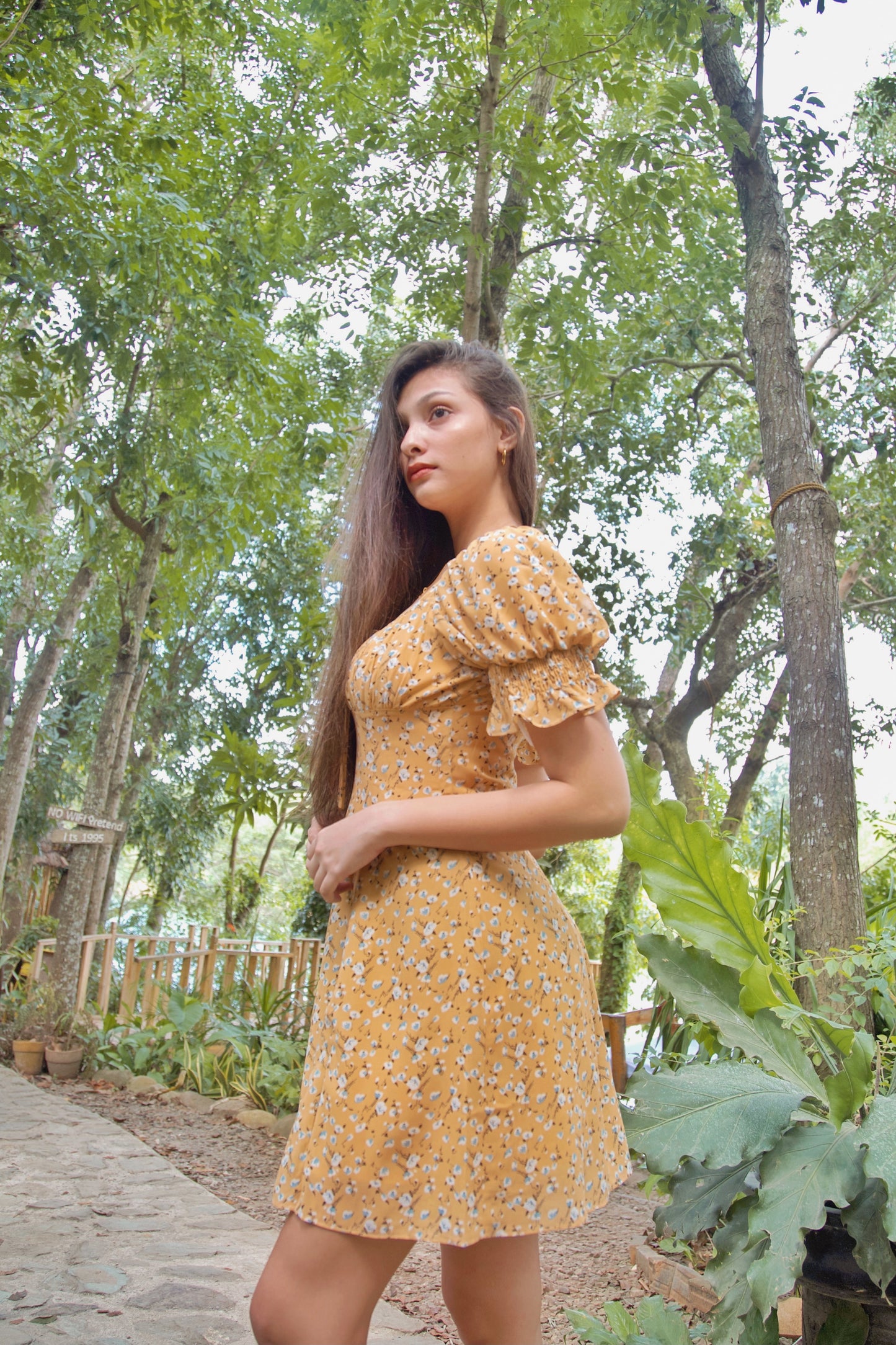 TBDA: Amaryllis Ruched Bust Puff Sleeve Dress - Floral Yellow