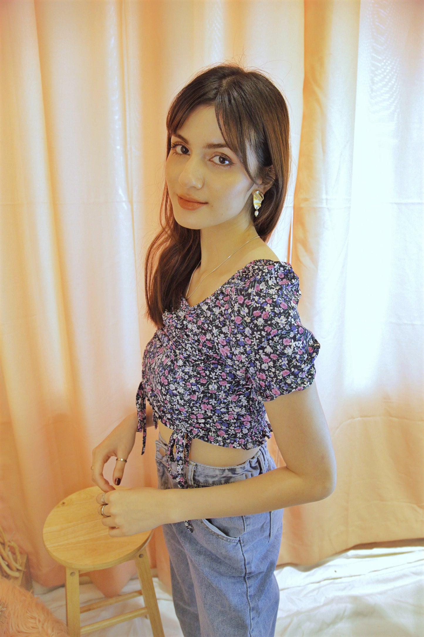 ZOWIE Short Sleeve Floral Ruched Top