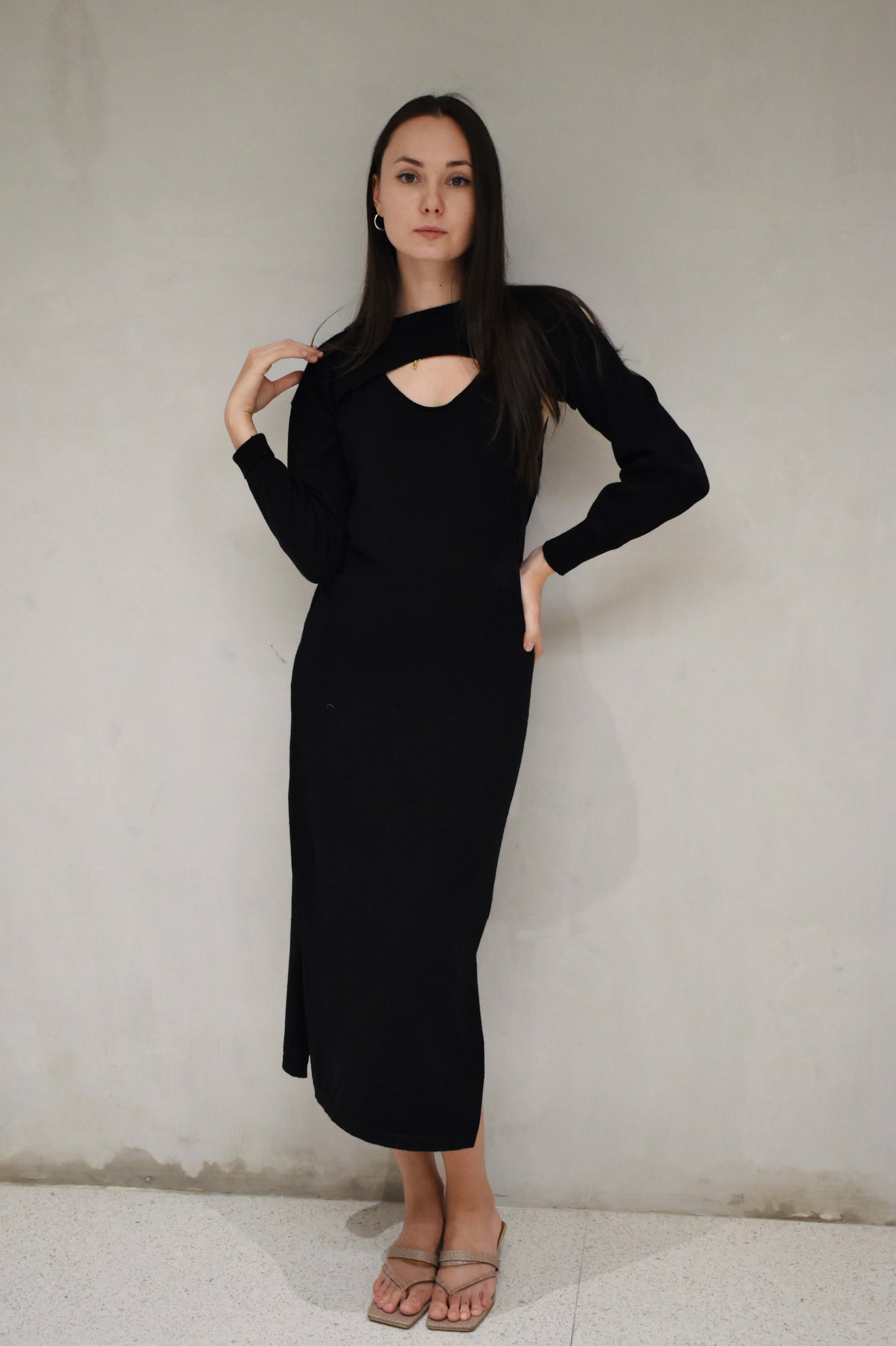 TILLY Dress with Long Sleeves Cover Up Cardigan (BLACK)