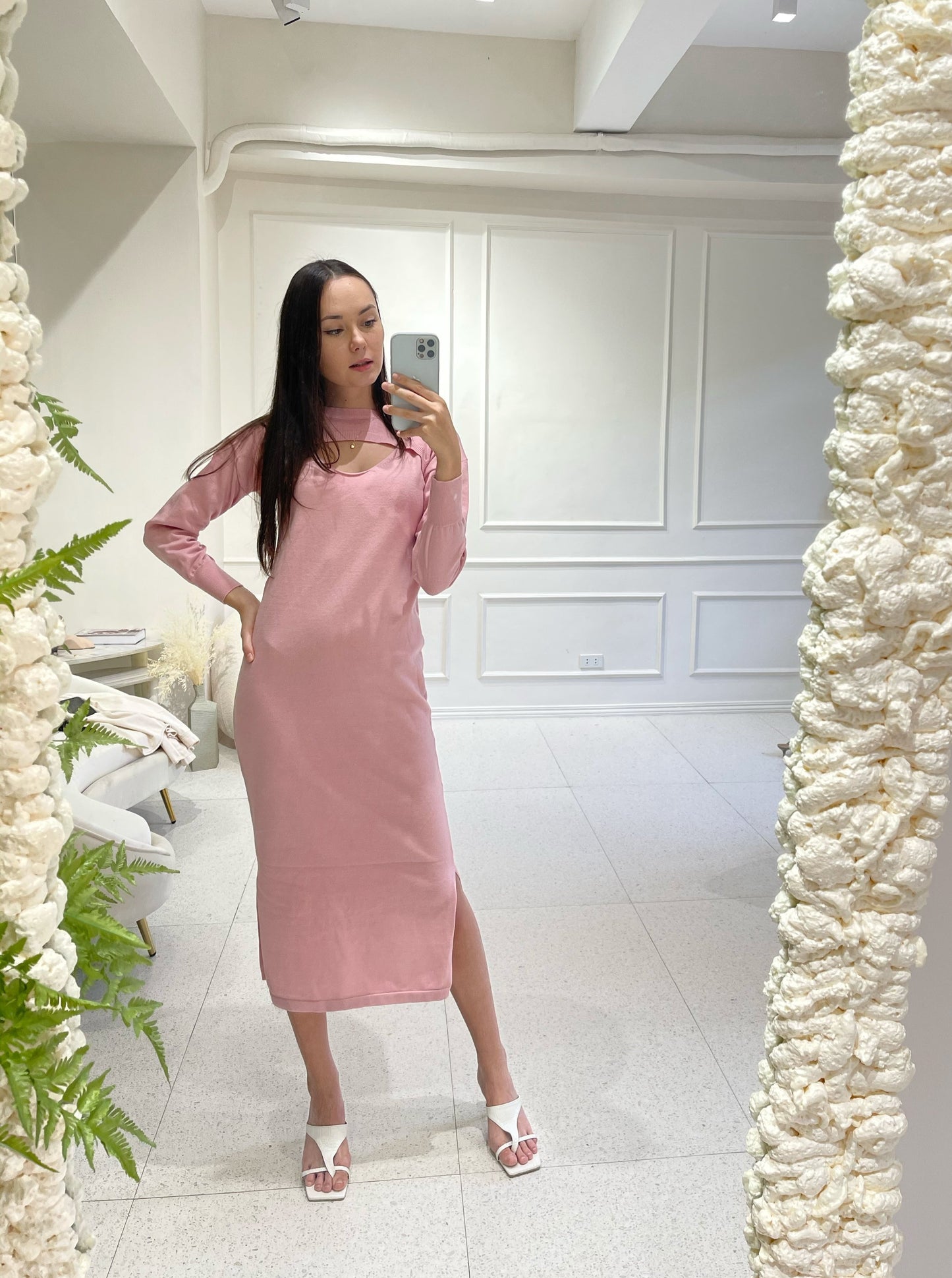 TILLY Dress with Long Sleeves Cover Up Cardigan (PINK)