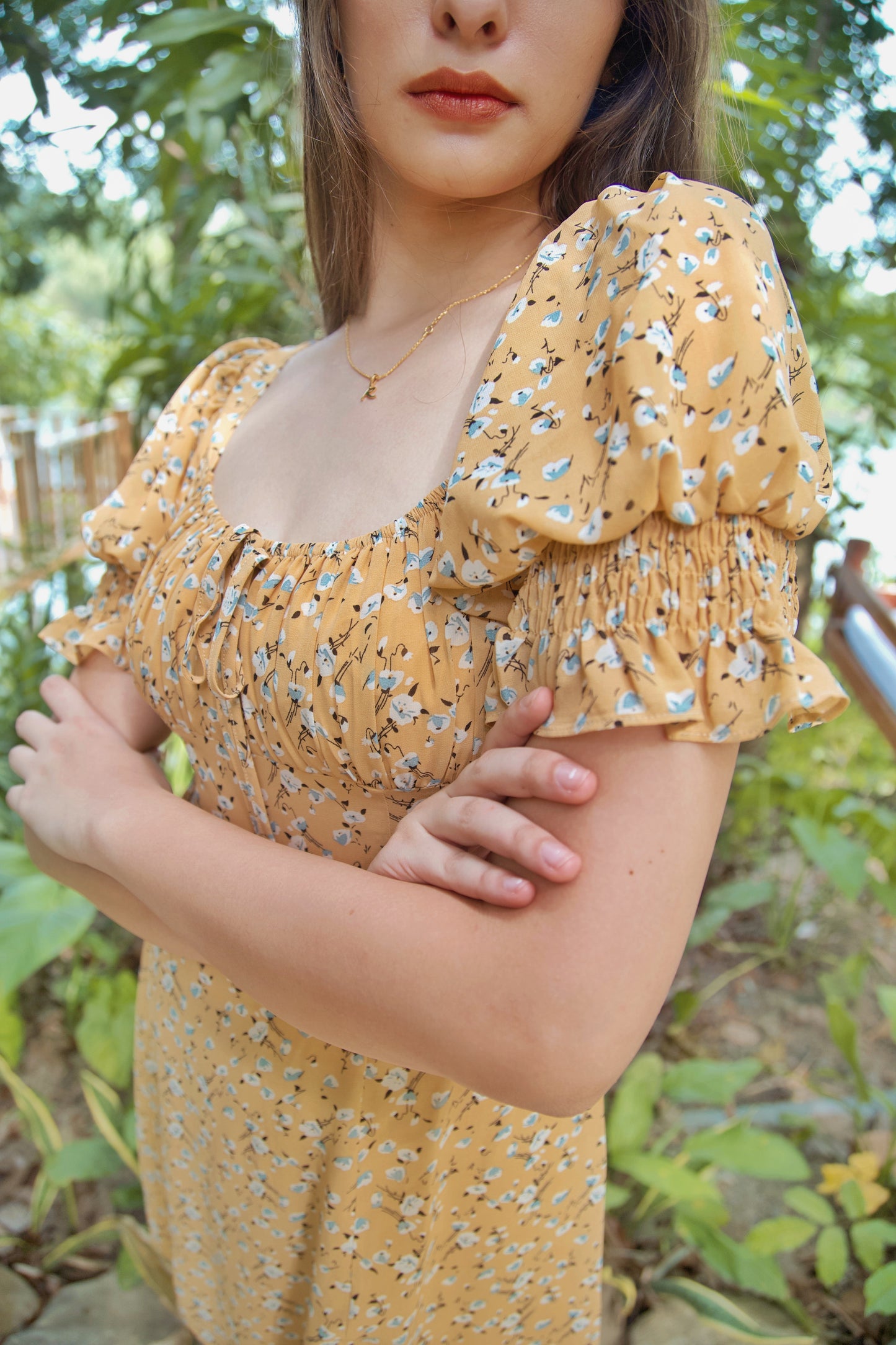 TBDA: Amaryllis Ruched Bust Puff Sleeve Dress - Floral Yellow