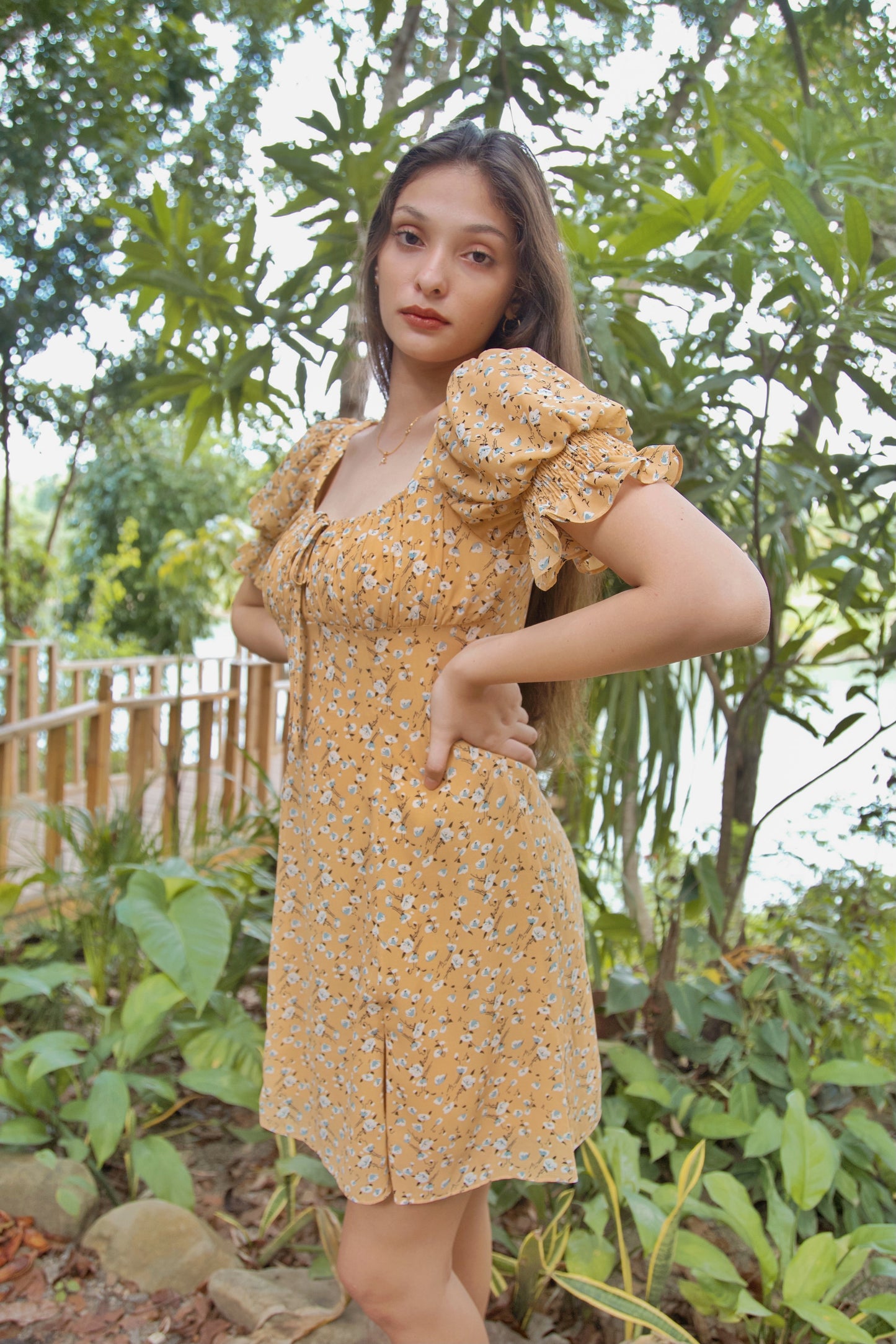TBDA: Amaryllis Ruched Bust Puff Sleeve Dress - Floral Yellow