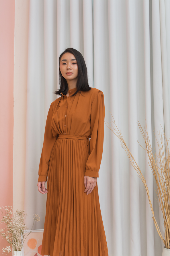 BROOKE Long Sleeve Pleated Midi Dress