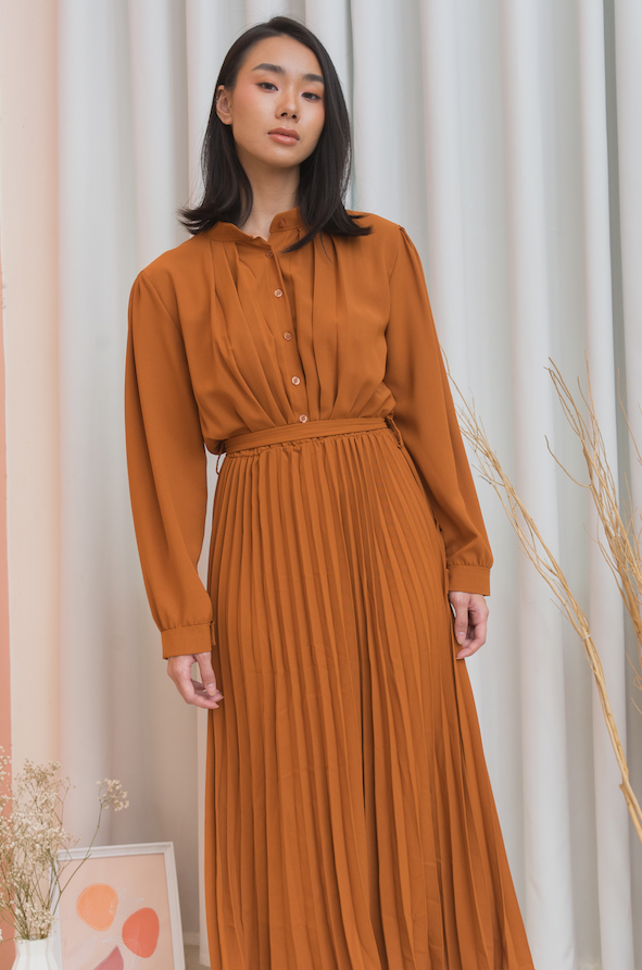 BROOKE Long Sleeve Pleated Midi Dress