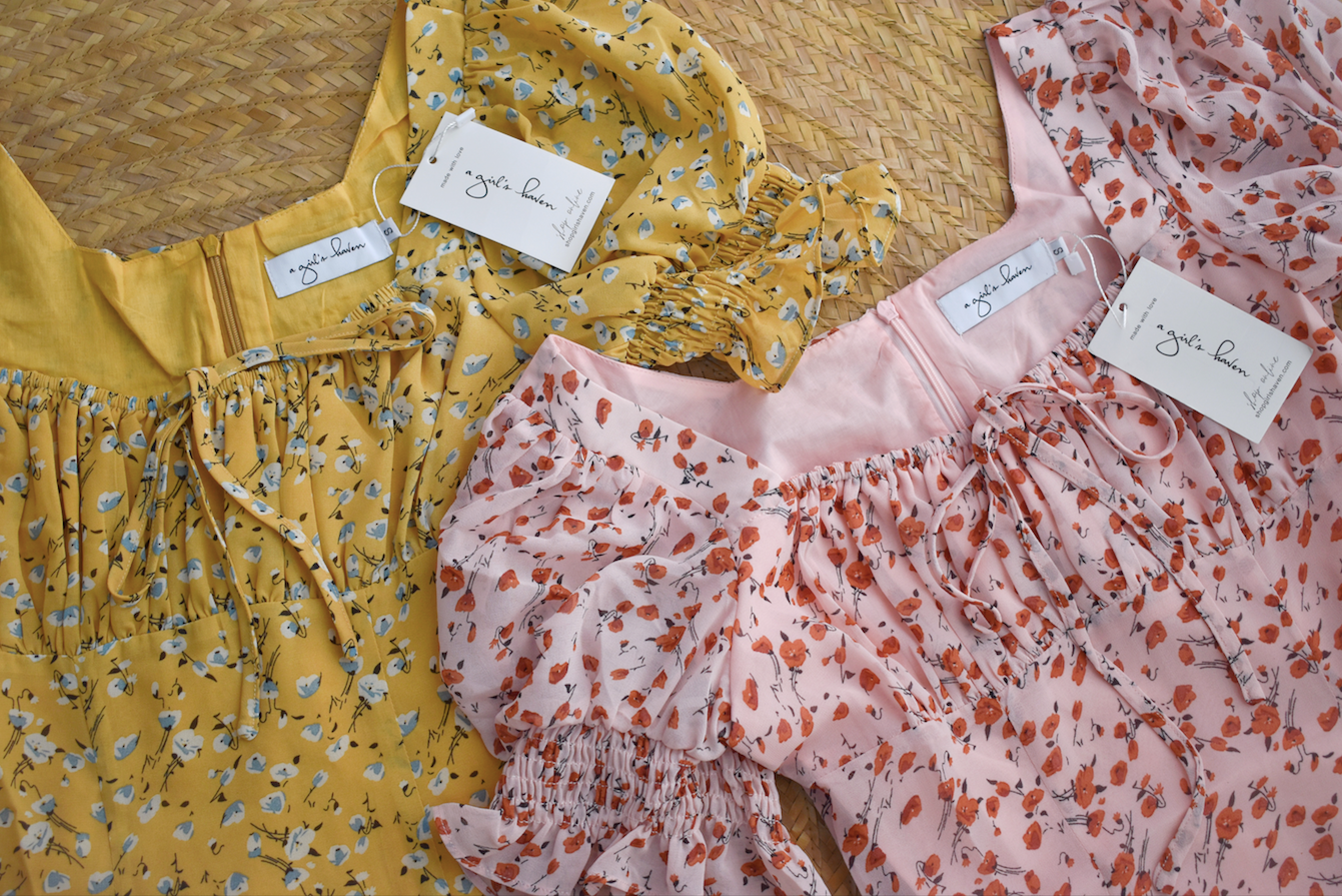 TBDA: Amaryllis Ruched Bust Puff Sleeve Dress - Floral Yellow