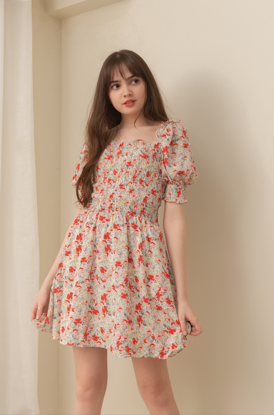 TBDA: Sweet Bouquet Smocked Dress: Mixed Red Floral