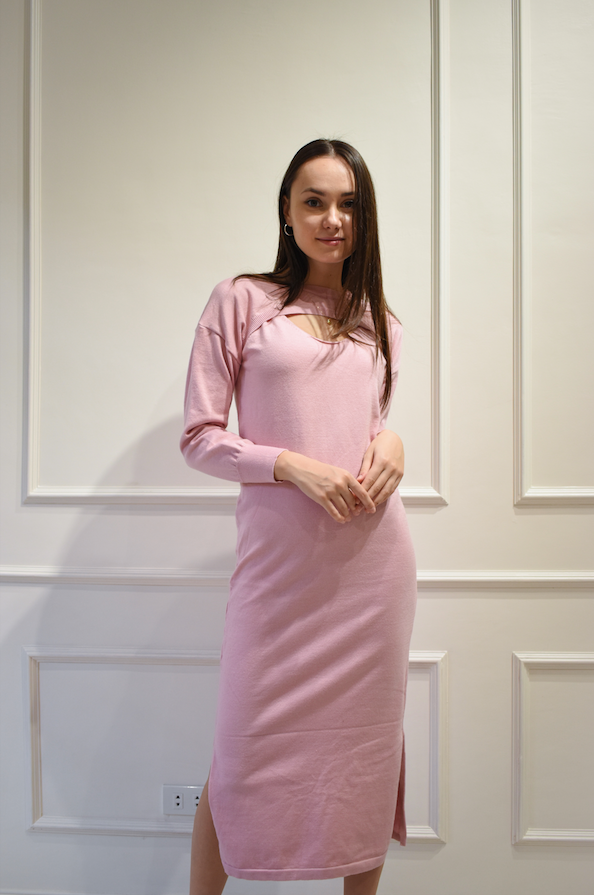 TILLY Dress with Long Sleeves Cover Up Cardigan (PINK)