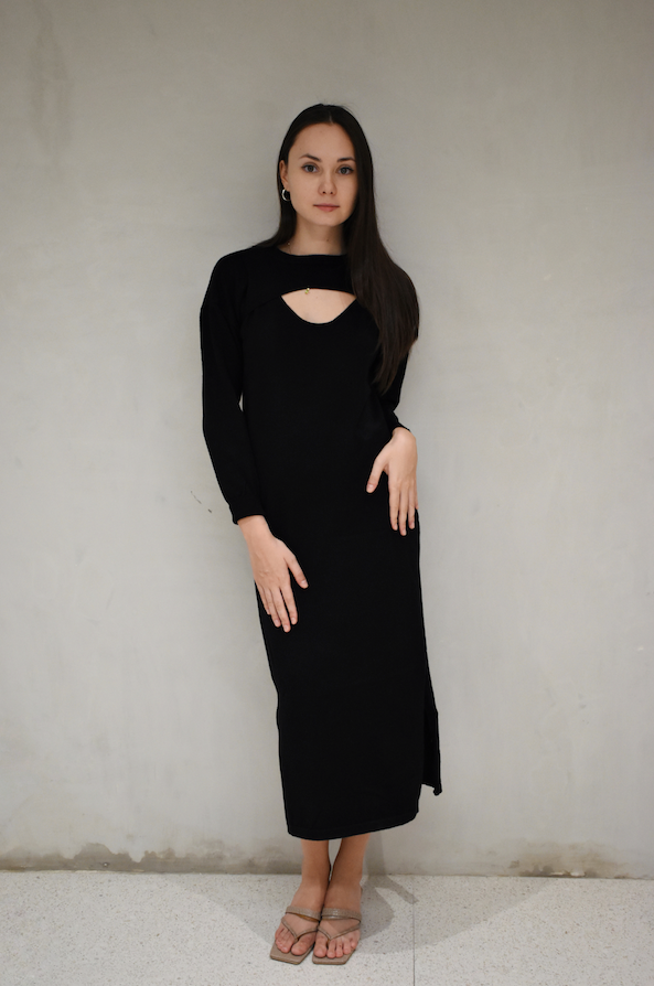 TILLY Dress with Long Sleeves Cover Up Cardigan (BLACK)