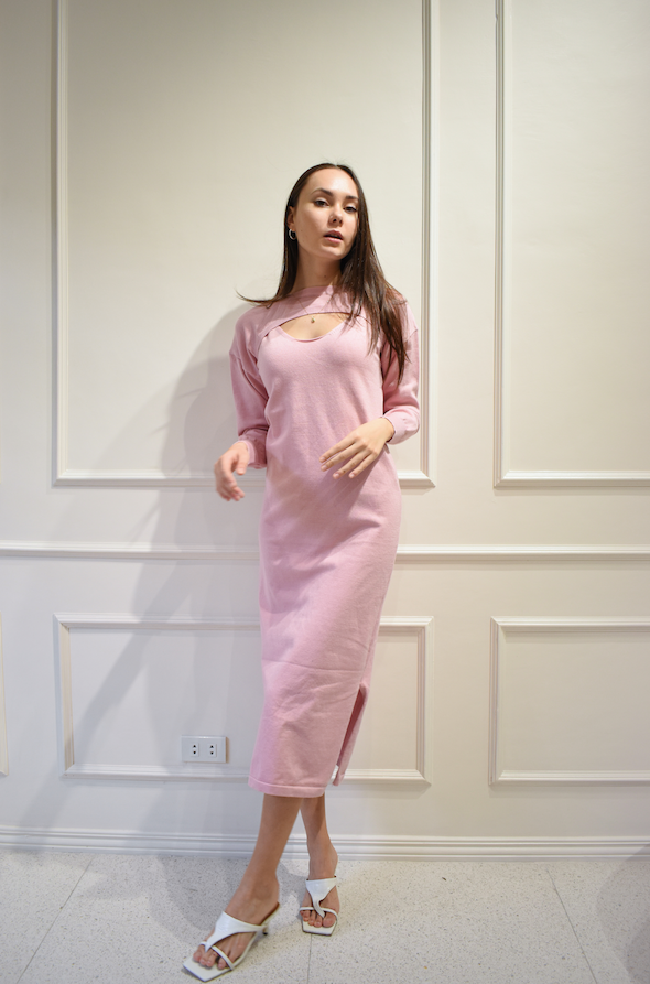 TILLY Dress with Long Sleeves Cover Up Cardigan (PINK)