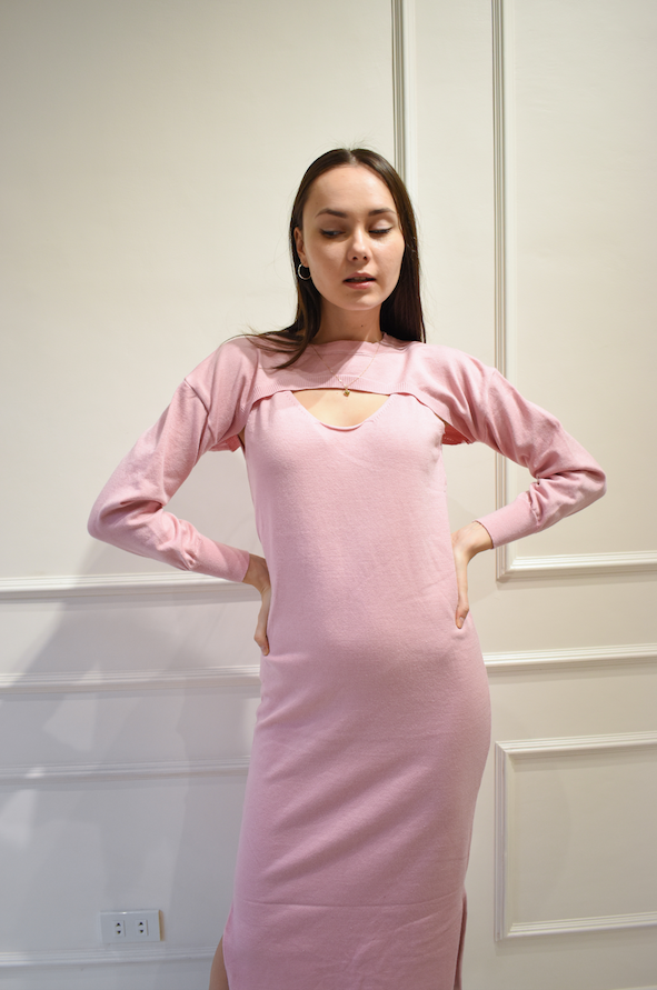 TILLY Dress with Long Sleeves Cover Up Cardigan (PINK)