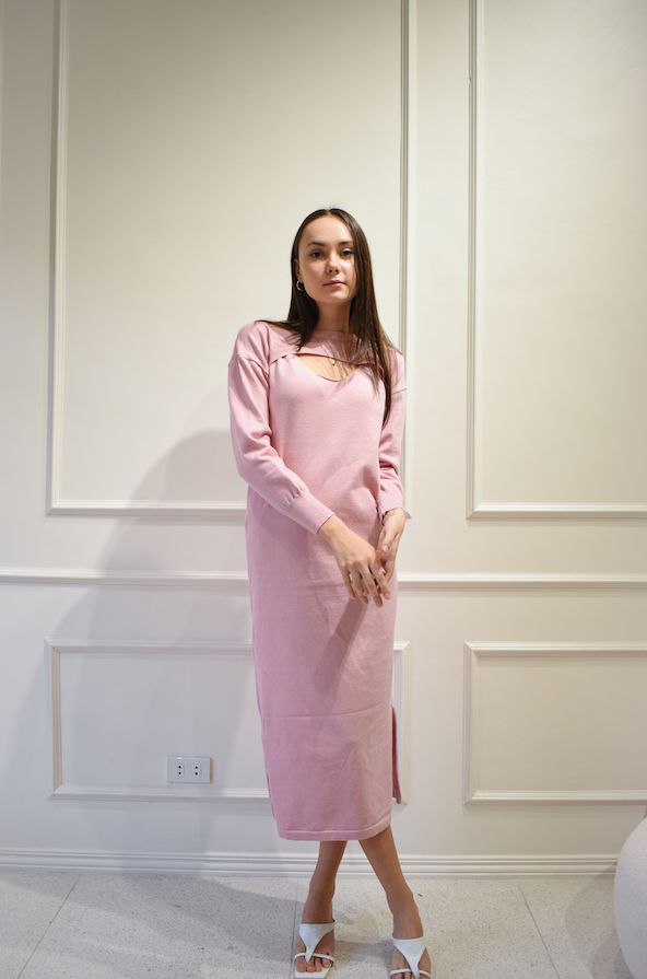 TILLY Dress with Long Sleeves Cover Up Cardigan (PINK)
