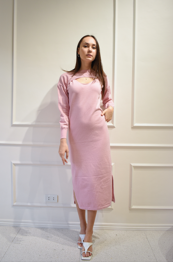 TILLY Dress with Long Sleeves Cover Up Cardigan (PINK)