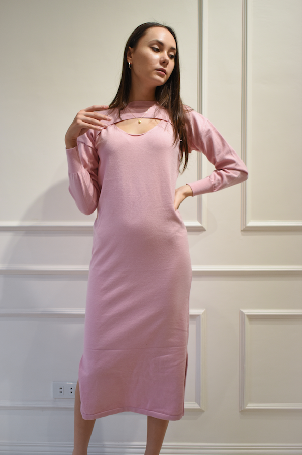 TILLY Dress with Long Sleeves Cover Up Cardigan (PINK)
